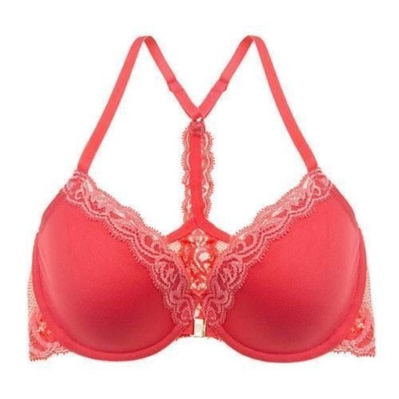 NATORI Feathers UW T-Back Front Close Bra #735023 Bright Coral 32D NEW - Picture 5 of 8